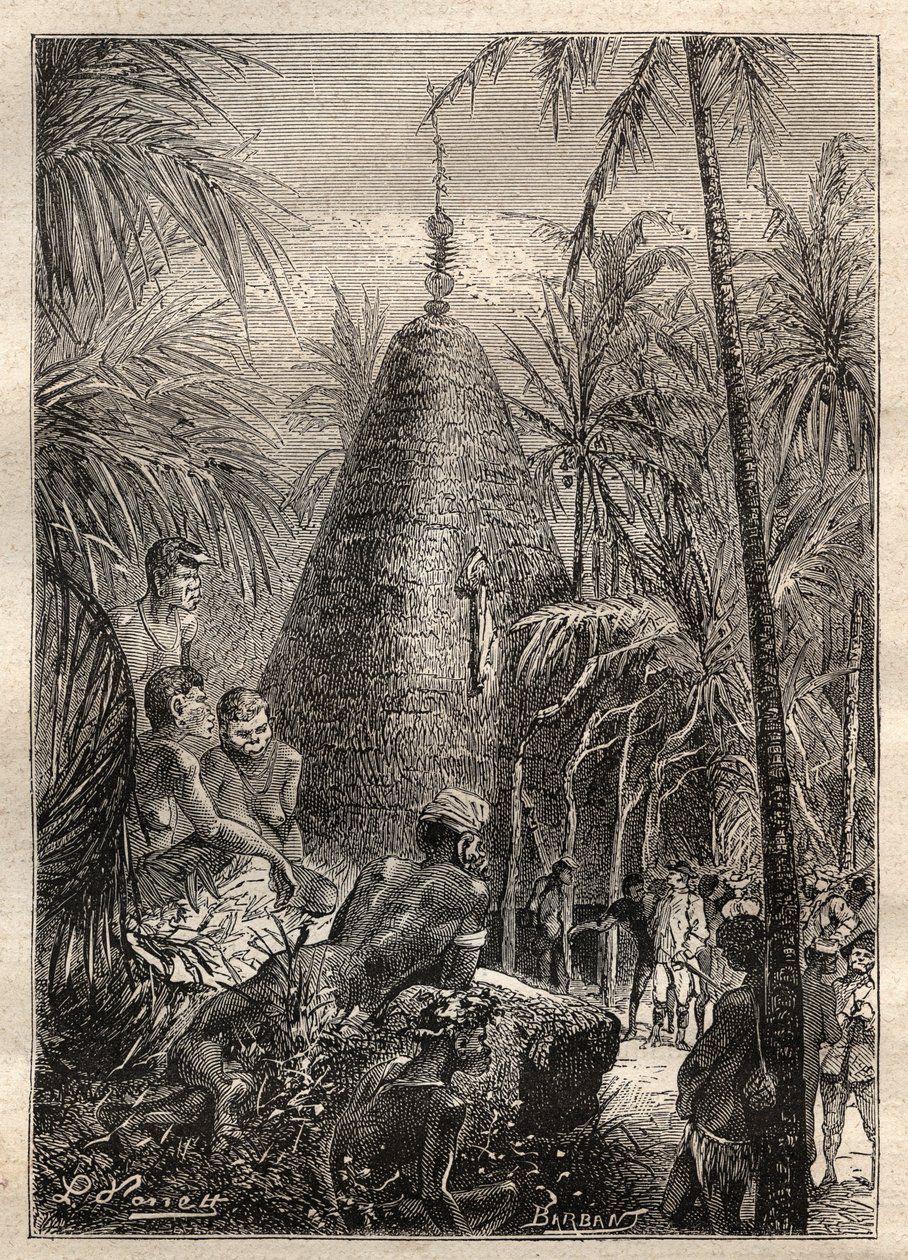 Tweede reis (1772-1775) door kapitein James Cook (1728-1779): traditionele ronde huis, op het dak van een aanzienlijke hoogte (Nieuw-Caledonië) - illustratie uit 