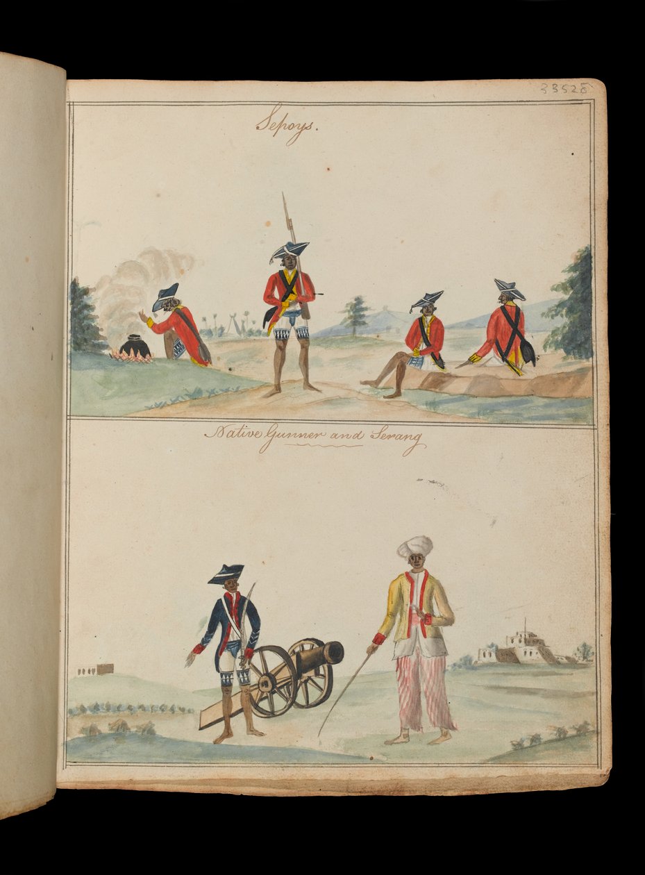 Sepoys, een inheemse kanonnier en een serang (bootsman) door Unknown artist