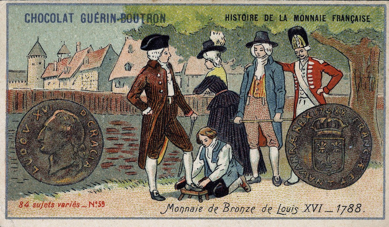 Serie Histoire de la Monnaie Française uitgegeven door Chocolat Guérin Boutron. Chromolithografie 19e eeuw. Bronzen munt van Lodewijk XVI in 1788 door Unknown artist