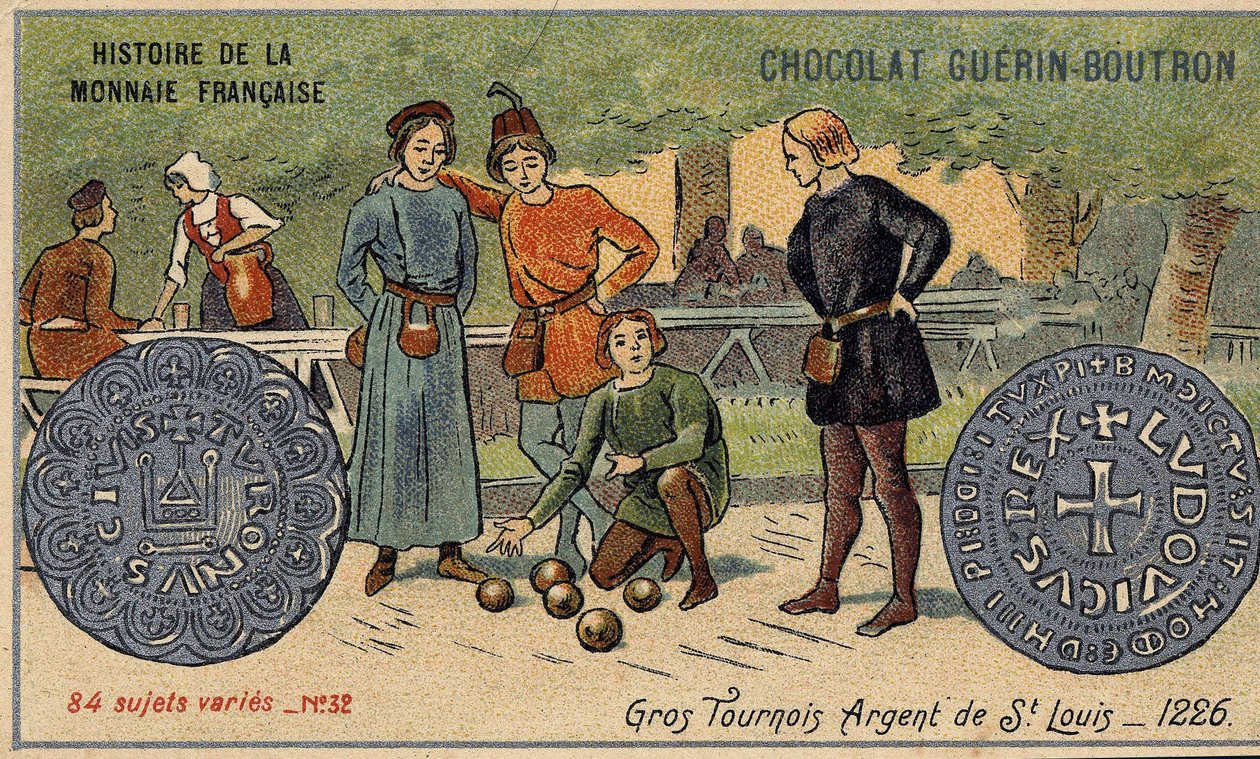 Serie Histoire de la Monnaie Française uitgegeven door Chocolat Guérin Boutron. Chromolithografie 19e eeuw. Grote toernooien. Zilver van Saint Louis. 1226 door Unknown artist