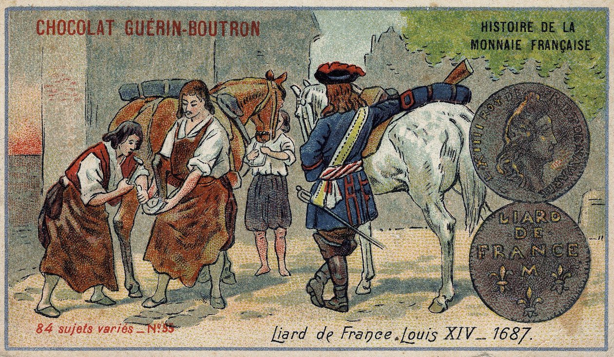 Serie Histoire de la Monnaie Française uitgegeven door Chocolat Guérin Boutron. Chromolithografie 19e eeuw. Liard uit Frankrijk. Lodewijk XIV in 1687 door Unknown artist