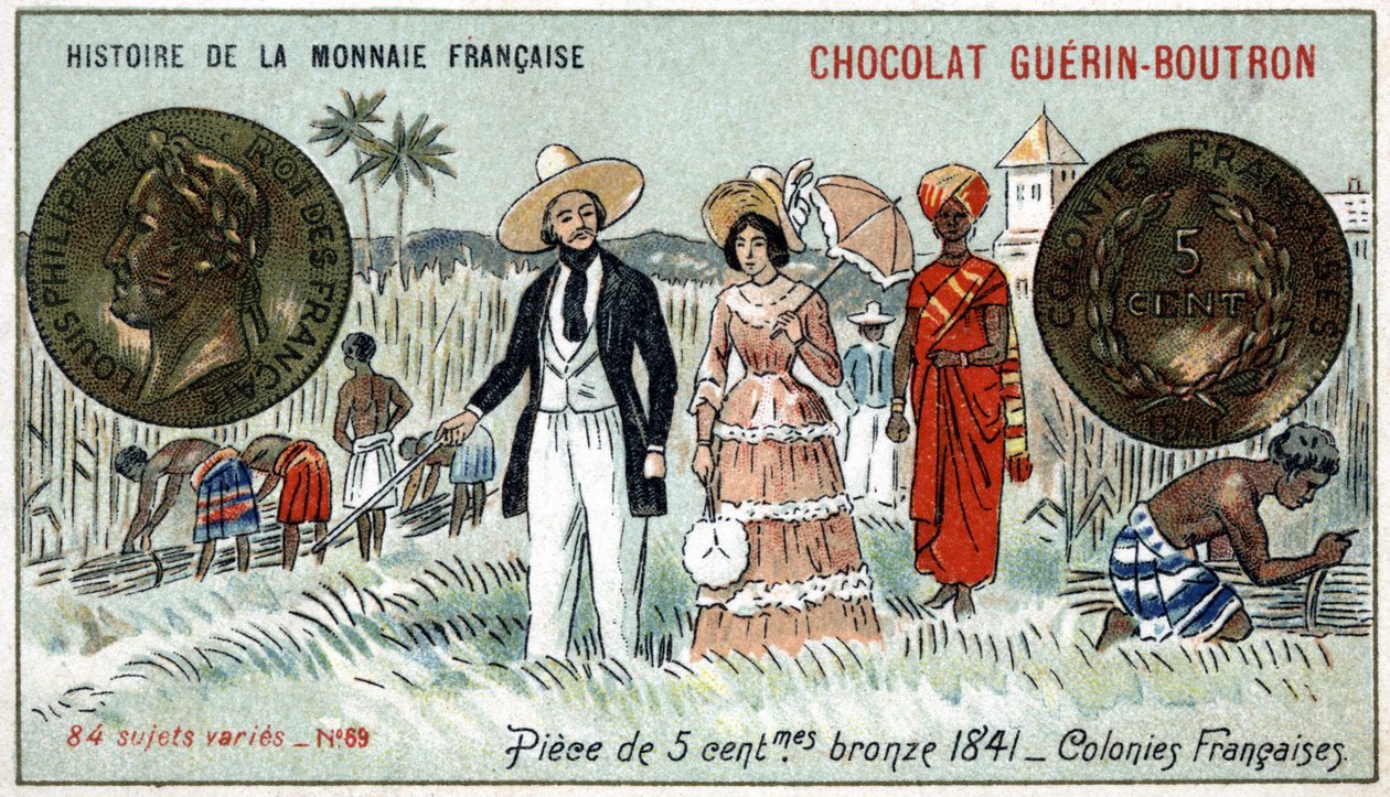 Serie Histoire de la Monnaie Française uitgegeven door Chocolat Guérin Boutron. Chromolithografie 19e eeuw. 5 cent bronzen munt in 1841. Franse koloniën door Unknown artist