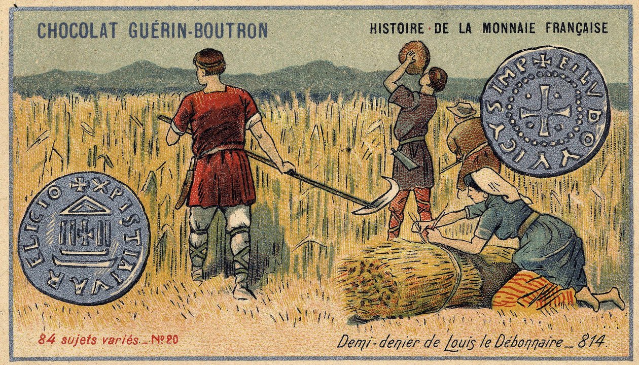 Serie Histoire de la Monnaie Française uitgegeven door Chocolat Guérin Boutron. Chromolithografie 19e eeuw. Halve denier van Lodewijk de Vrome in 814 door Unknown artist