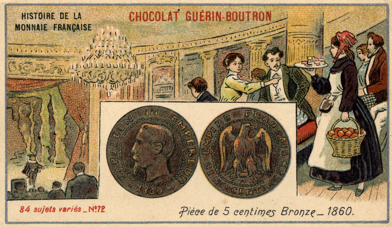 Serie Histoire de la Monnaie Française uitgegeven door Chocolat Guérin Boutron. 5 cent bronzen munt in 1860. Napoleon III door Unknown artist