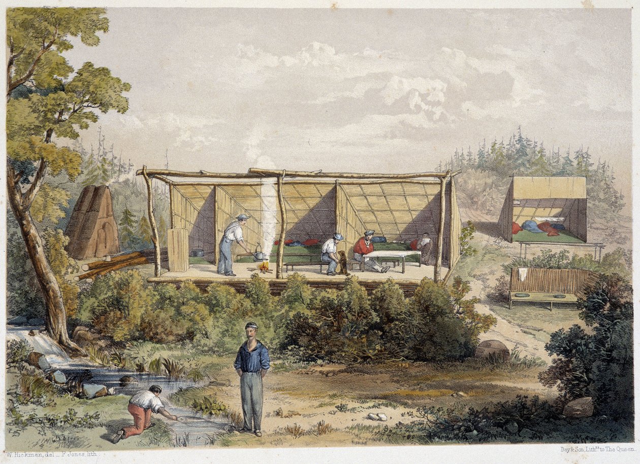 Kamp van kolonisten in Canada - in "Sketches on the nipisaguit a river of New Brunswick in America" door William Hickman, ed. Halifax door Unknown artist
