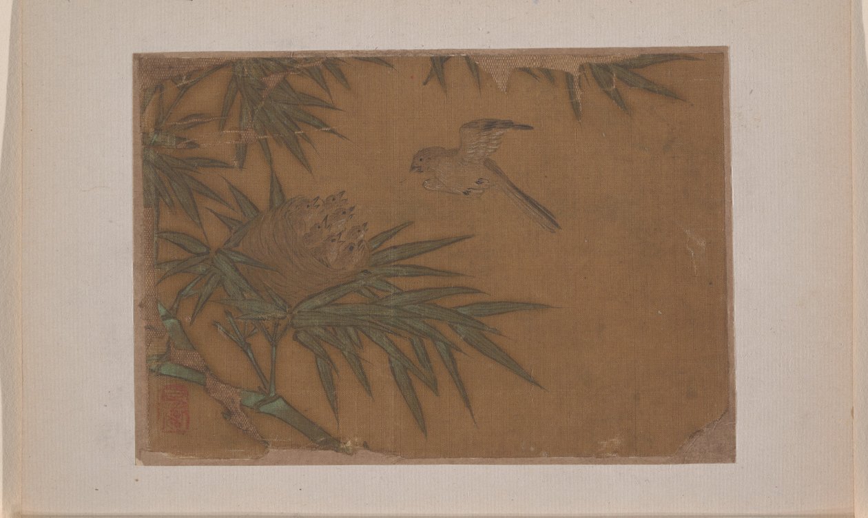Seven Birds in Bamboo Tree Nest (miniatuur uit album van elf schilderijen; inkt en kleur op zijde) door Unknown Artist