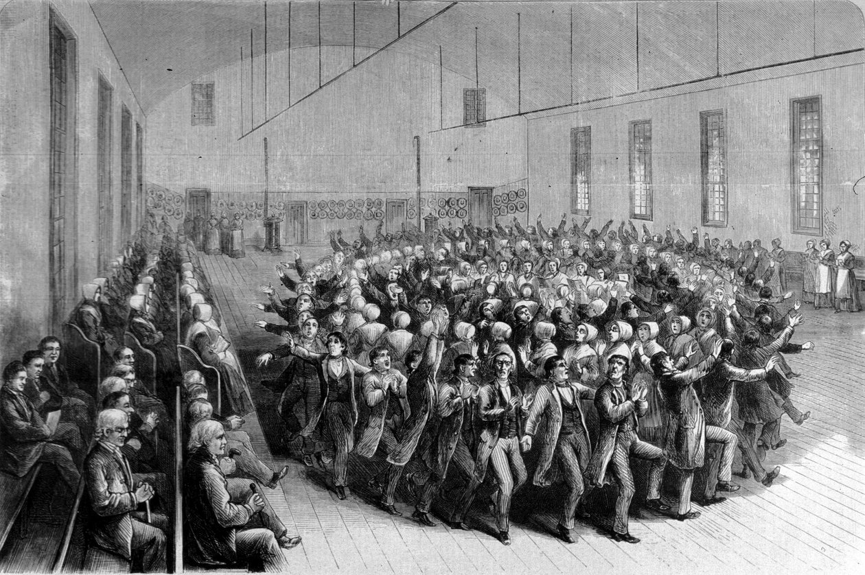 Shaking Quakers religieuze processie (dans) in New York. Illustratie uit de 19e eeuw. door Unknown artist