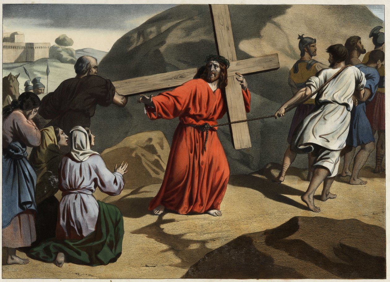 Zij klom naar Calvarie: Jezus die zijn kruis draagt troost de dochters van Jeruzalem. Anonieme gravure uit het midden van de 19e eeuw. door Unknown artist