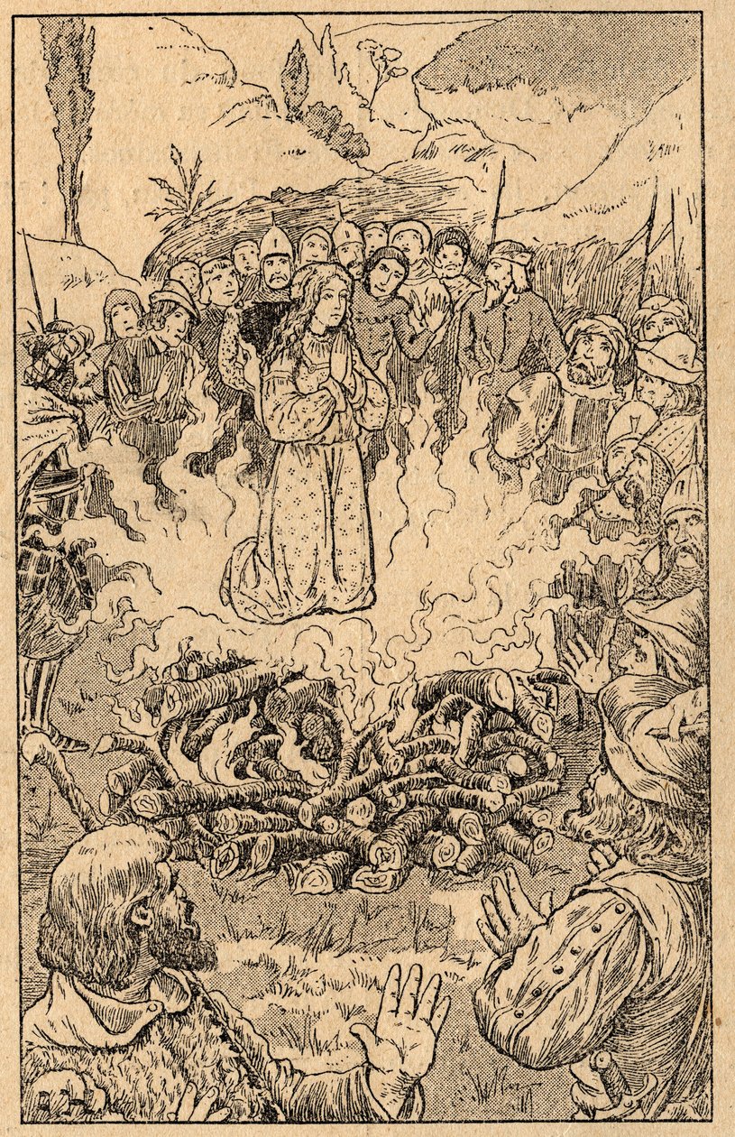 Zij blijft in het midden van de vlammen... Sint Rosa van Viterbo (Rosa da Viterbo) (1233-1252). Gravure uit het einde van de 19e eeuw. Privécollectie. door Unknown artist