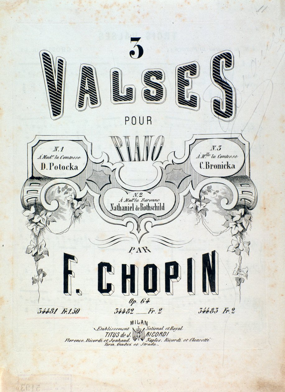 Bladmuziek voor 3 walsen voor piano op. 64, door Frederic Chopin (frontispice) door Unknown artist