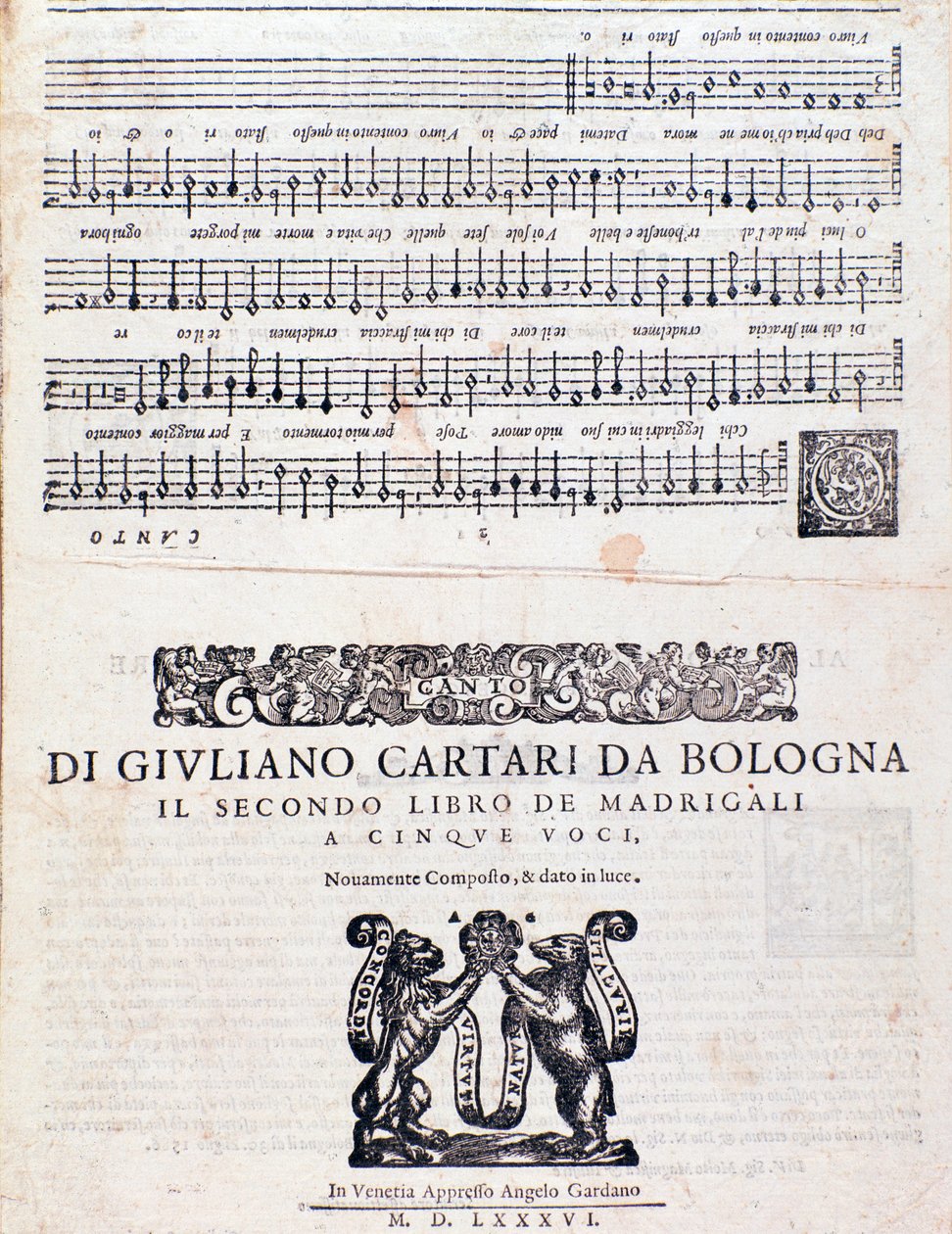 Bladmuziekpagina van de Madrigalen (2e boek) door Giuliano Cartari van Bologna door Unknown artist