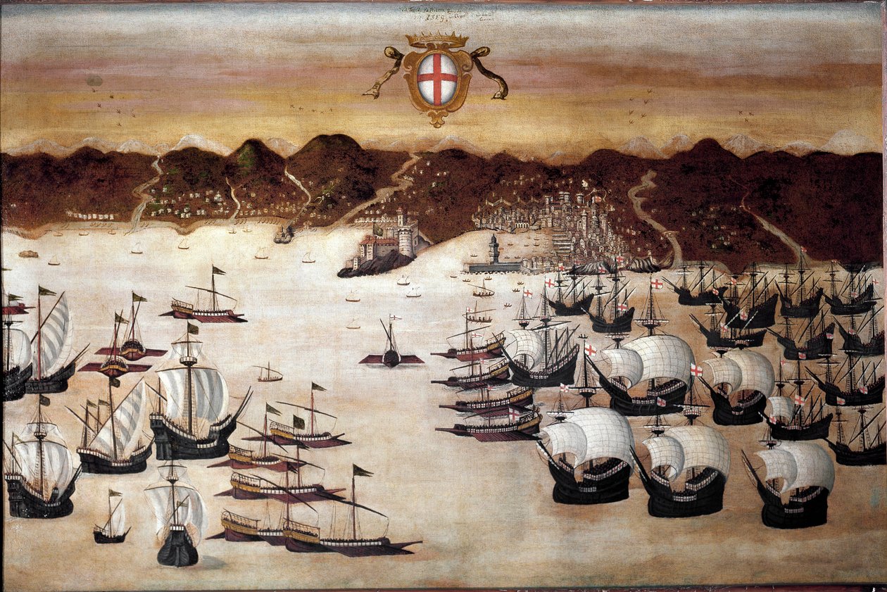 Schepen in de haven van Genua (16e-eeuws schilderij) door Unknown artist