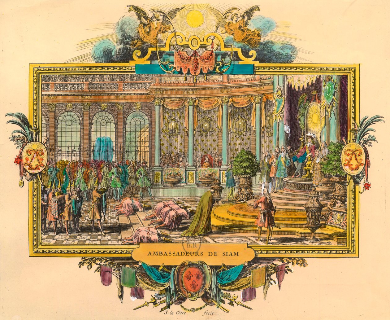 Siamese ambassadeurs aan het hof van koning Lodewijk XIV in 1686. Gravure. Privécollectie door Unknown artist