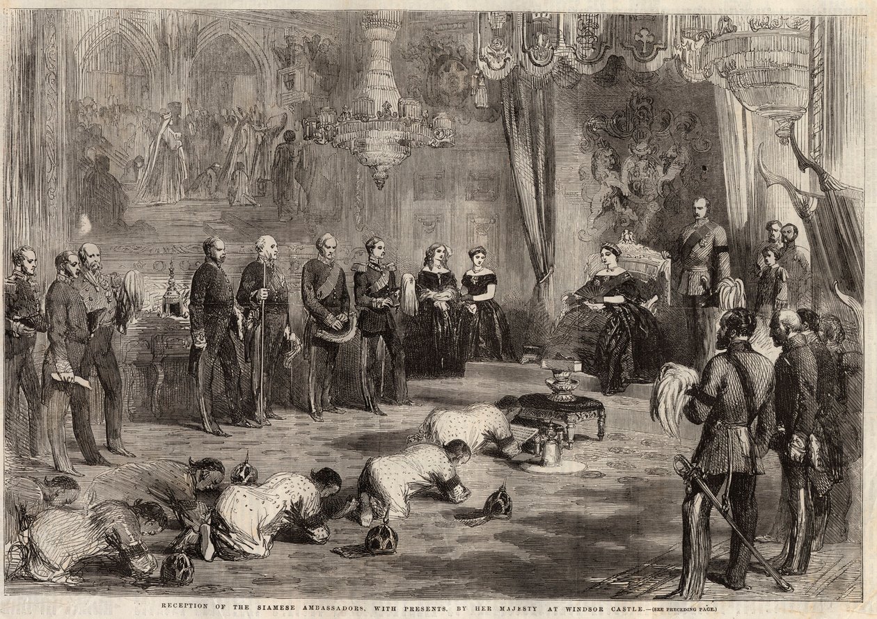 Siamese ambassadeurs kropen naar koningin Victoria I (1819-1901) en prins Albert (1819-1861) tijdens hun bezoek aan Windsor Castle. Gravure in 