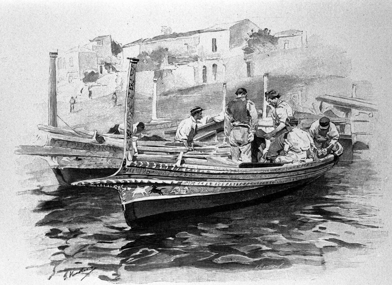 Siciliaanse vissers uit de regio Lipari. 19e-eeuwse gravure door Unknown artist