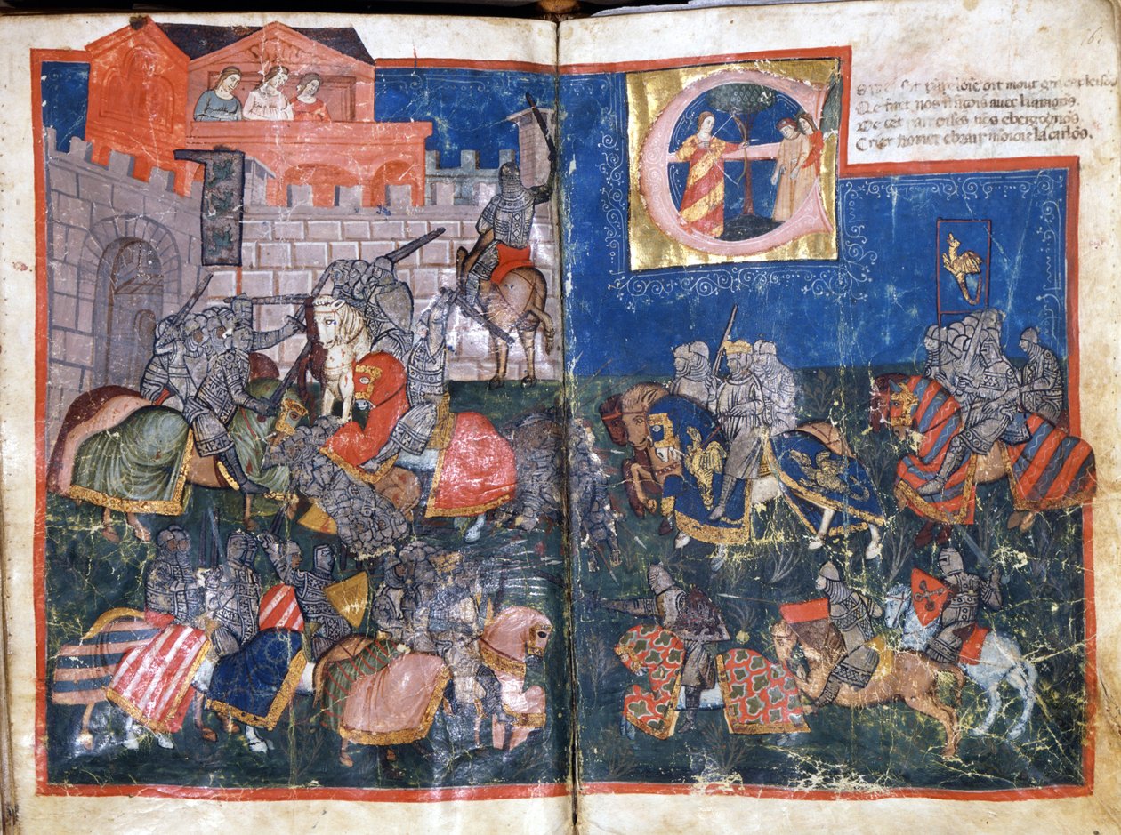 Beleg van Pamplona in Spanje door Karel de Grote Miniatuur uit 
