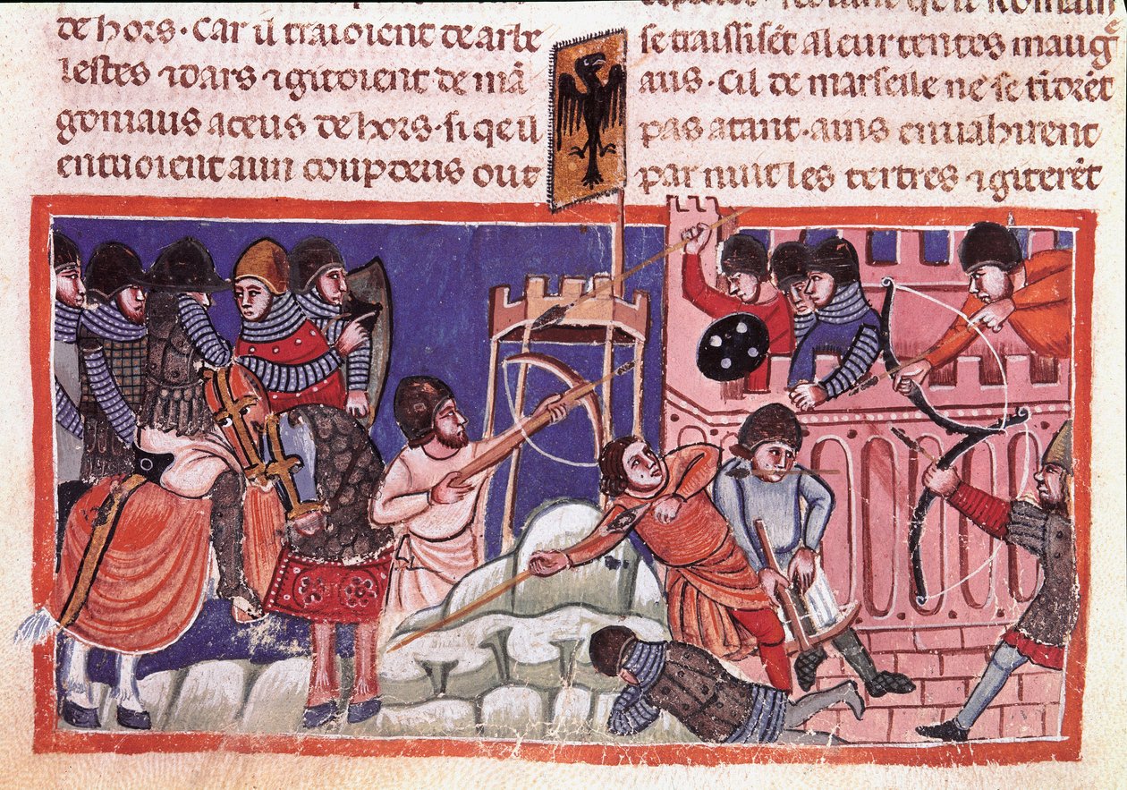 Beleg van een versterkte stad. Miniatuur uit een codex over de daden van Julius Caesar (101 v.Chr.-44 v.Chr.) door Unknown artist