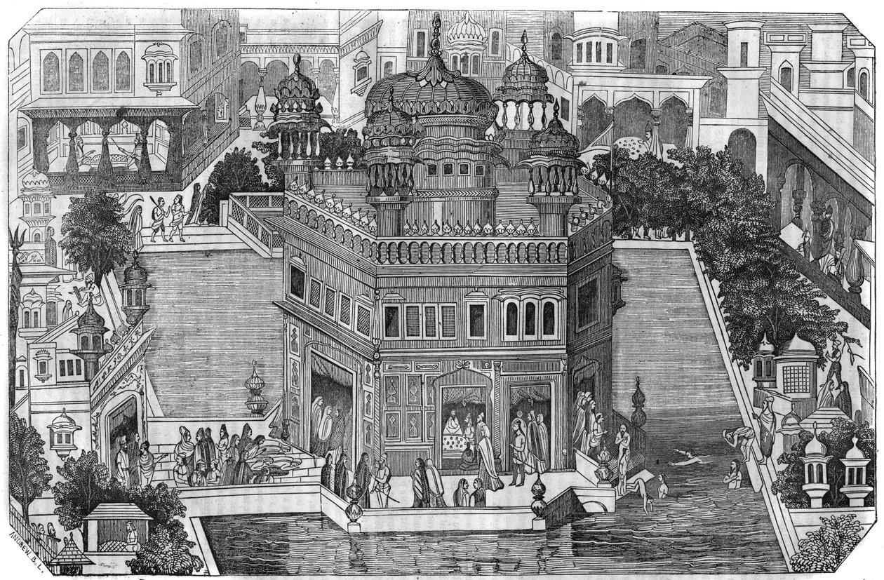 Sikhisme: uitzicht op de Gouden Tempel (Harmandir Sahib), het culturele centrum van de Sikh religie, het bassin en de stad Amritsar in de staat Punjab, India. In 