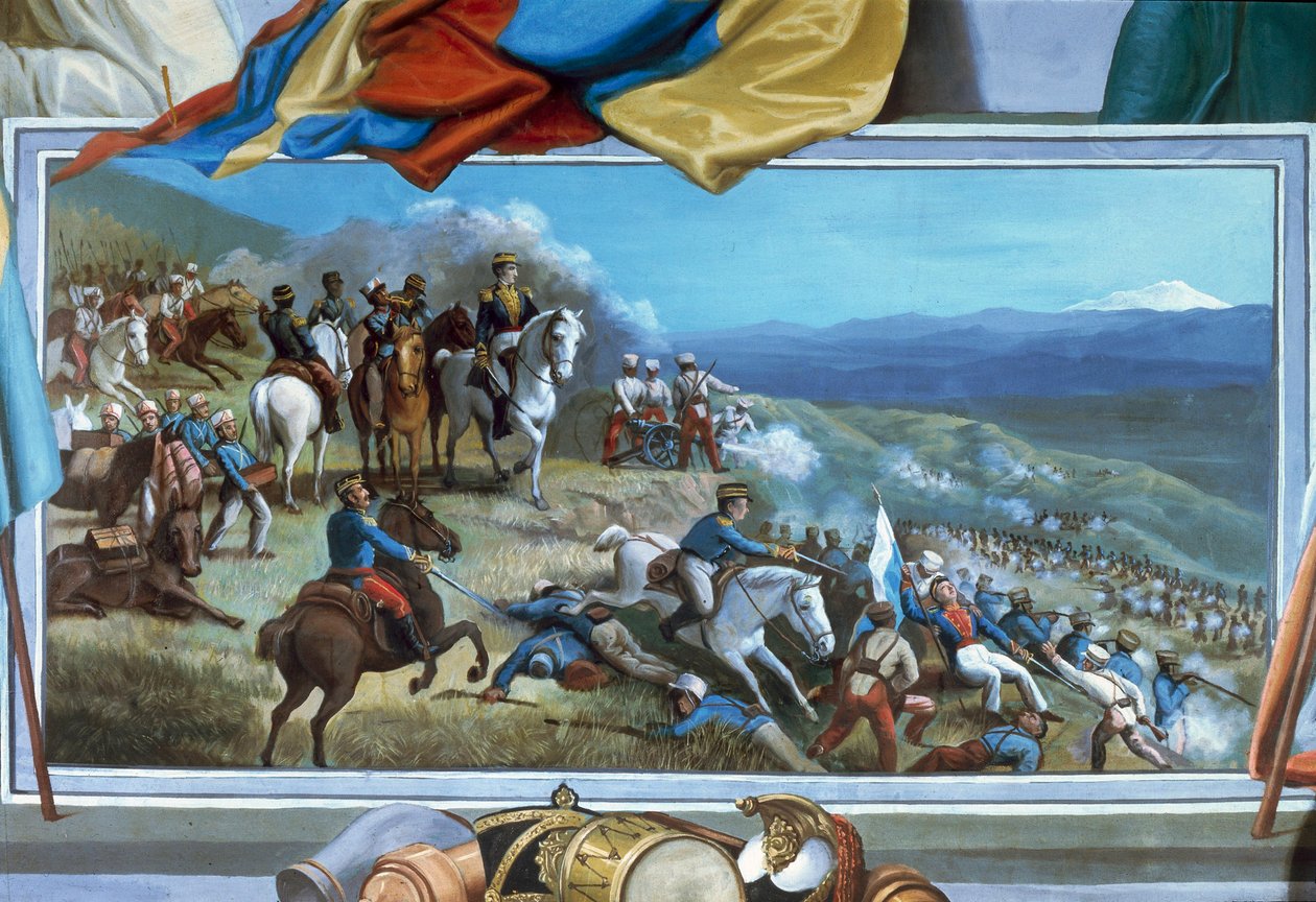 Simon Bolivar leidt rebellentroepen tegen de Spaanse troepen van Agustin Agualongo, fresco stadhuis Ibarra, Ecuador door Unknown artist