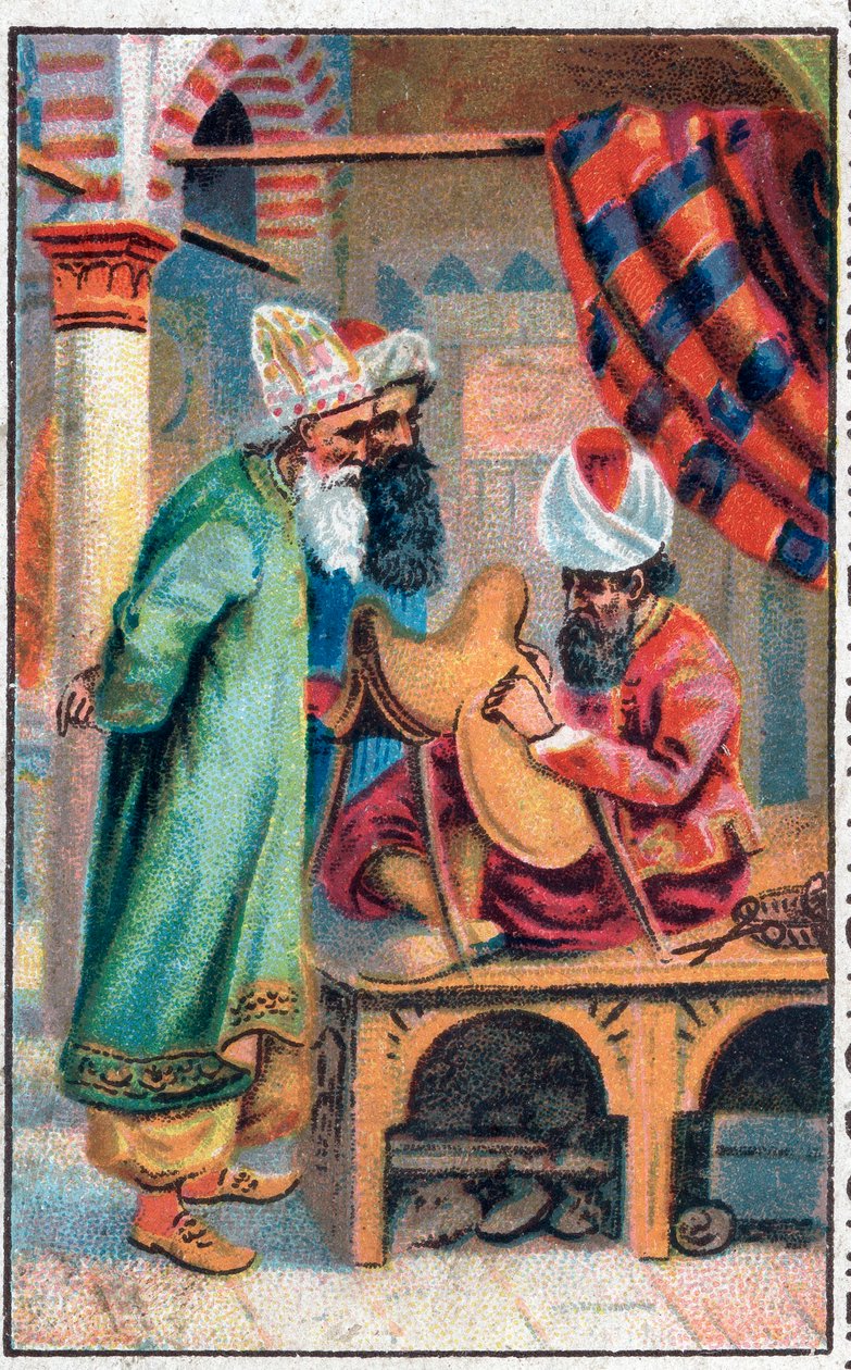 Sindbad maakt een zadel. De wonderbaarlijke avonturen van Sinbad (Sindbad) de zeeman. Populair verhaal van 1001 nachten (duizend en één nachten). Chromolithografie uit het einde van de 19e eeuw. door Unknown artist