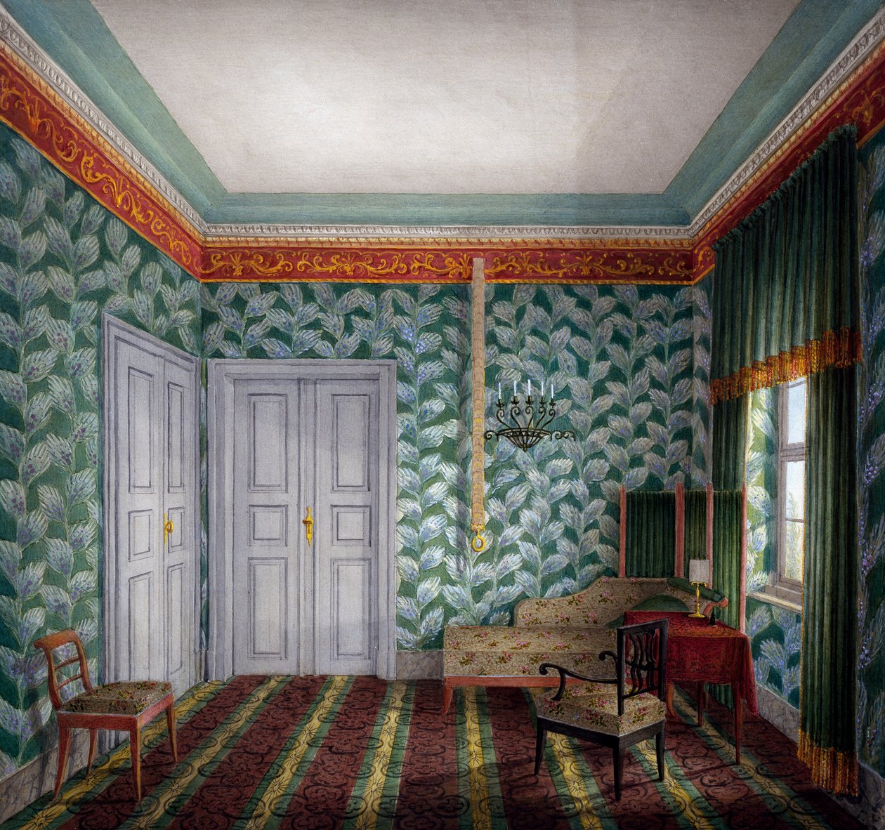 Kleine dagkamer met groen behang en gebladerte door Unknown artist