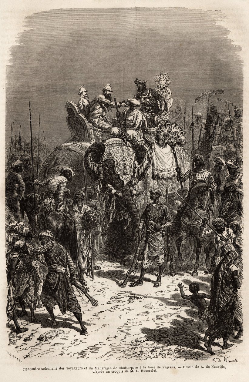 Plechtige ontmoeting en handdruk op de rug van een olifant, tussen het team van reizigers en de Maharajah van Chutterpore, op de beurs van Kajraha. Gravure ter illustratie van de reis in India van de Rajahs, door Louis Rousselet, in 1864-1868, gepubliceerd door Unknown artist