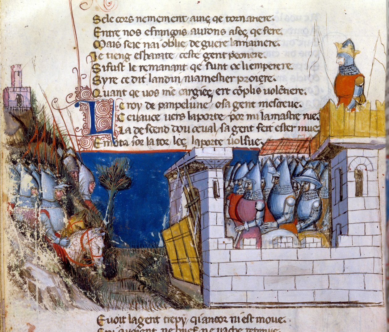 Lied van de heldendaden: een leger bereidt zich voor om het vijandelijke leger aan te vallen dat zich in een kasteel heeft verschanst en beschermd wordt door de ophaalbrug. Miniatuur uit het Frans-Italiaanse manuscript 