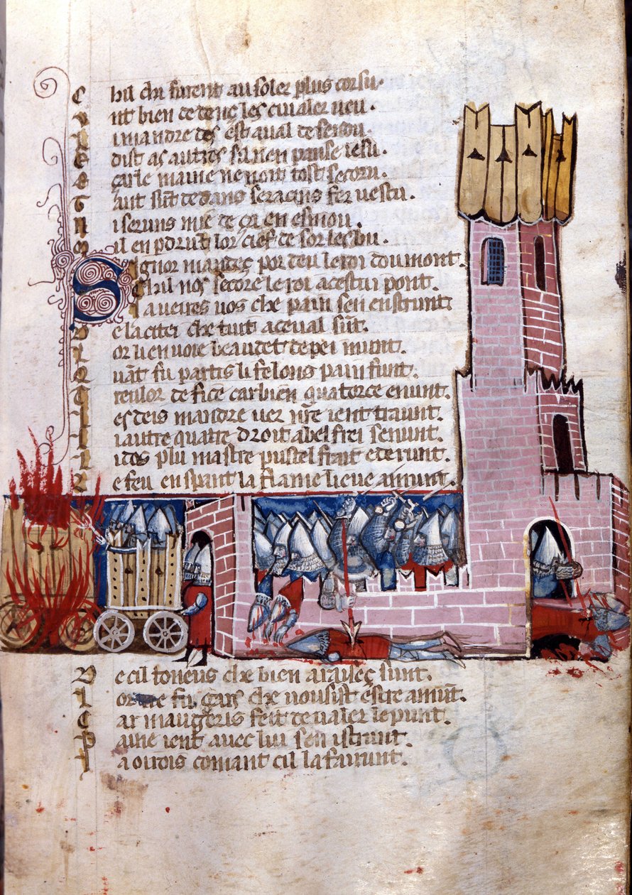 Lied van gebaar: gevechtsscène nabij een versterkte stad (waarschijnlijk de verovering van Spanje door het leger van Karel de Grote). Miniatuur uit het Frans-Italiaanse manuscript “Entrée d