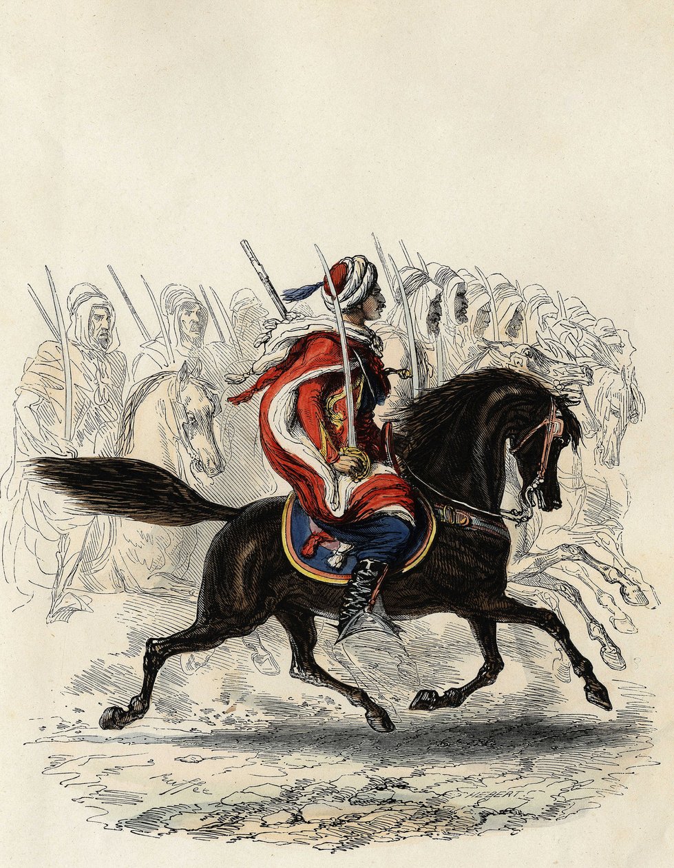 Spahis (Indisch cavaleriekorps van het Franse leger) voornamelijk bestaande uit Arabische ruiters getraind voor de provincie Algiers in 1834, Oran in 1836 en Bone in 1835, in 