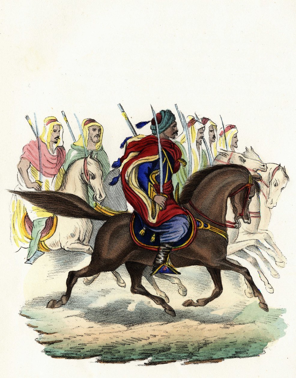 Spahis, een inheems cavaleriekorps van het Franse leger van Afrika, voornamelijk bestaande uit Arabische ruiters, gevormd voor de provincies Algiers in 1834, Bone in 1835 en Oran in 1836. In 