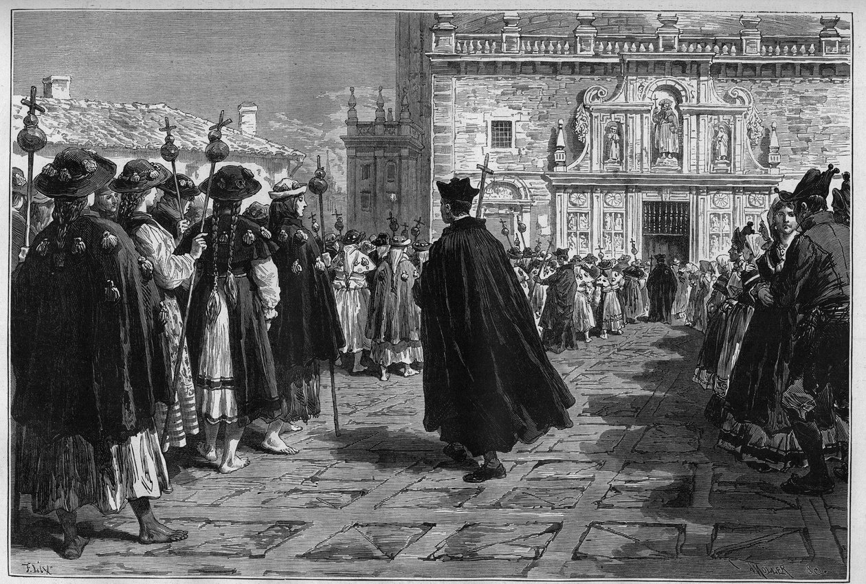 Spanje 1880: de feesten van Santiago de Compostela, de processie van de pelgrims bij de ingang van de basiliek. door Unknown artist