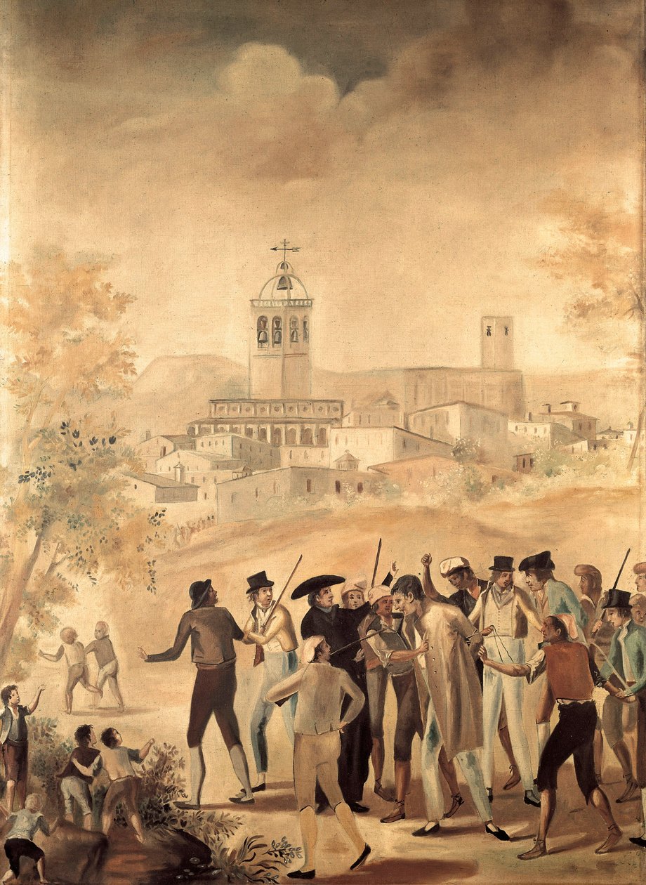 Spaanse Onafhankelijkheidsoorlog (1808-1814): arrestatie van een Franse burger nabij Manresa, anoniem schilderij door Unknown artist