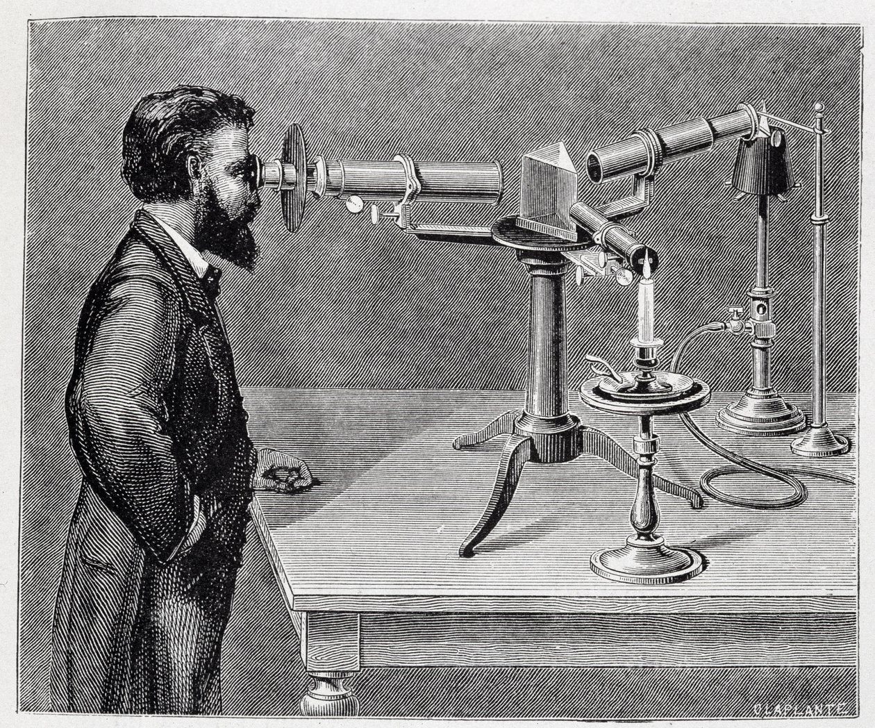 Spectroscoop om de spectra van aardse elementen te vergelijken met die van hemellichamen door Unknown artist