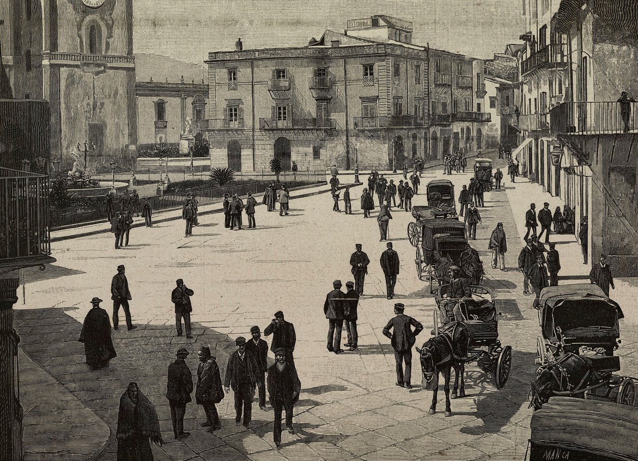 Plein en stadhuis van Monreale, opstand van de Fasci Siciliani, Italië, gravure van een foto door E Interguglielmi uit L