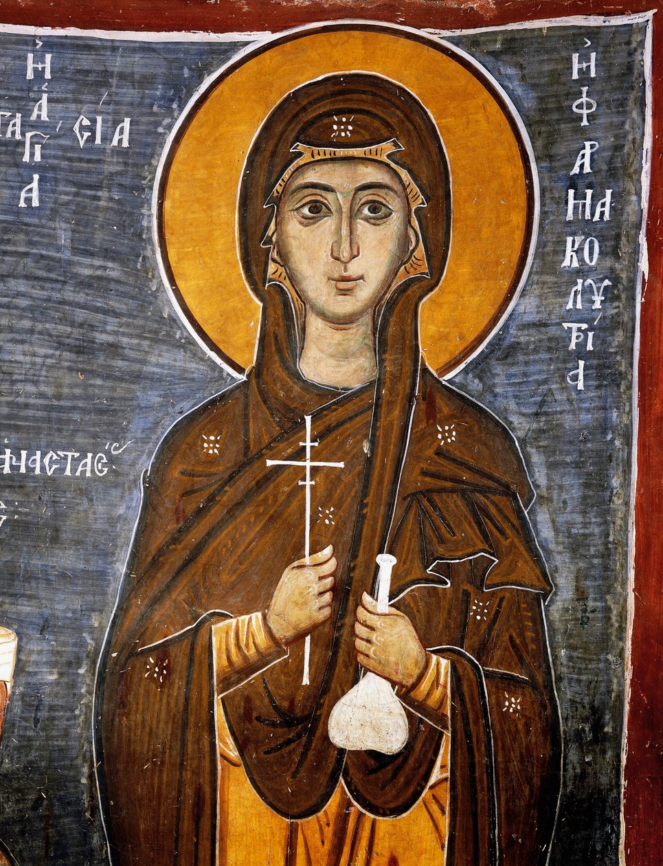 Sint Anastasia, genezer van paarden met fles remedies en kruis, Byzantijnse kerk van Onze-Lieve-Vrouw van Asinou (12e eeuw) (Unesco Werelderfgoedlijst, 2001), Troodos-gebergte, Cyprus, (detail) door Unknown artist