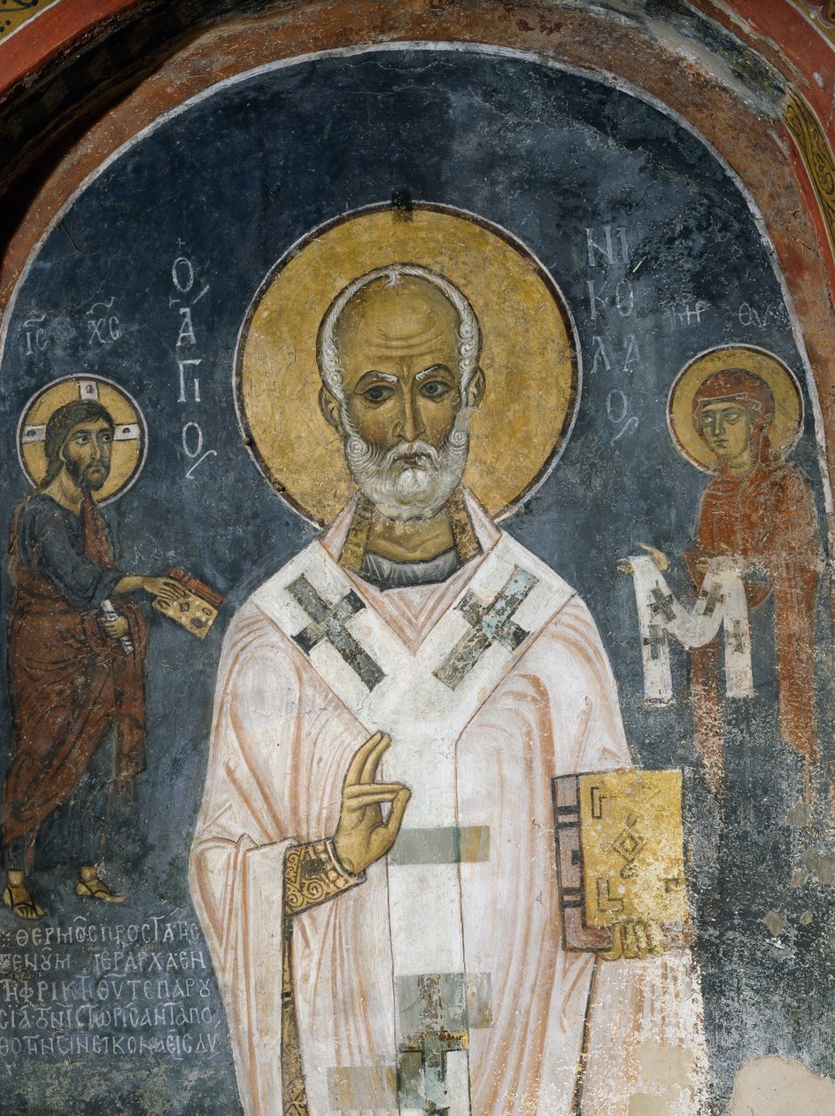 St. Nicolaas van Myra, fresco (12e eeuw), Kerk van Ayios Nikolaos tis Steyis (Sint Nicolaas van het Dak) (11e eeuw) (Unesco Werelderfgoedlijst, 2001), Troodos bergen, Cyprus door Unknown artist