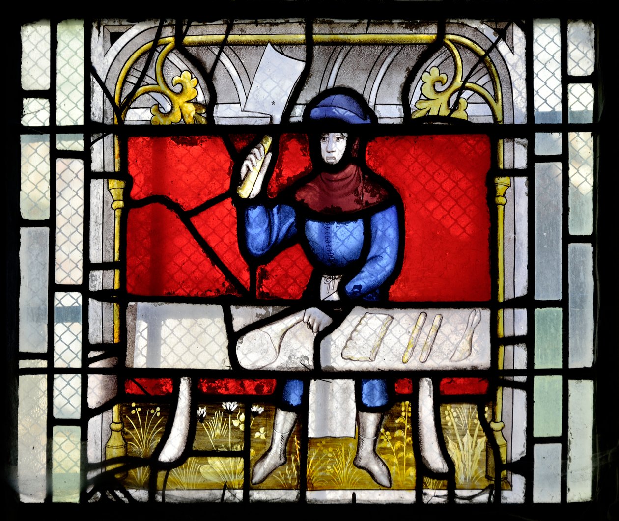 Glas-in-loodraam dat een slager aan het werk toont, eind 15e-begin 16e eeuw - Kapel Sainte Claude van de Collegiale Kerk Notre-Dame de Semur-en-Auxois, Bourgondië door Unknown artist
