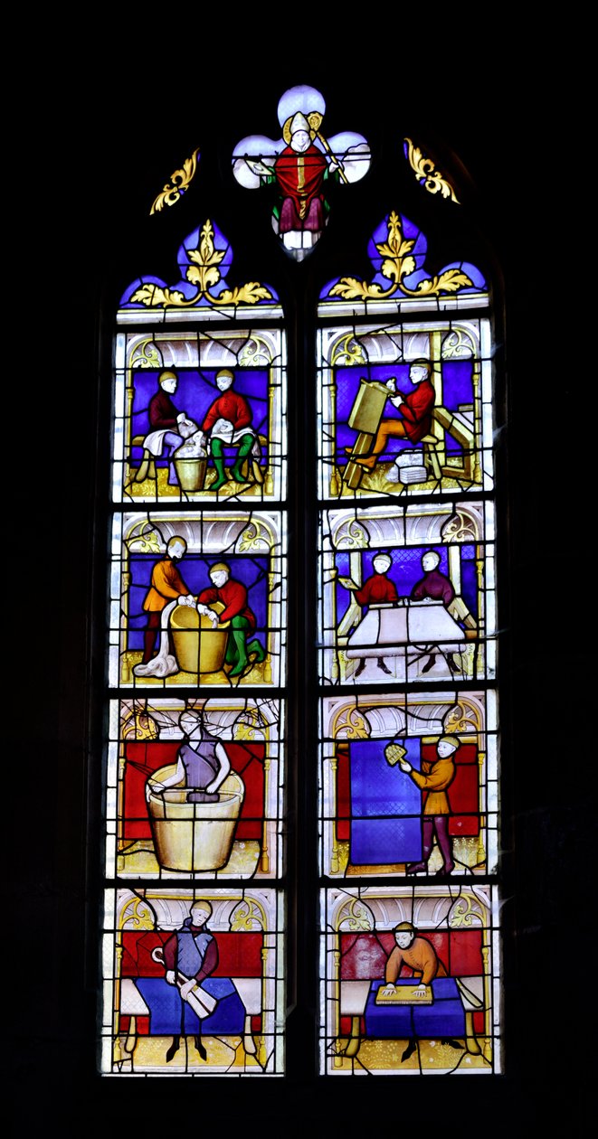 Glas-in-loodraam dat de vervaardiging van stof toont, midden 15e eeuw - Kapel Saint Blaise van de Collegiale Kerk Onze-Lieve-Vrouw van Semur-en-Auxois, Bourgondië door Unknown artist