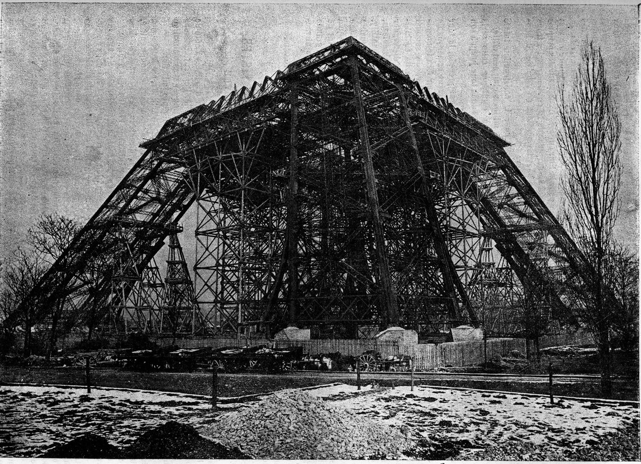 Staat van de bouw van de Eiffeltoren in Parijs begin maart 1888. Gravure in het tijdschrift 