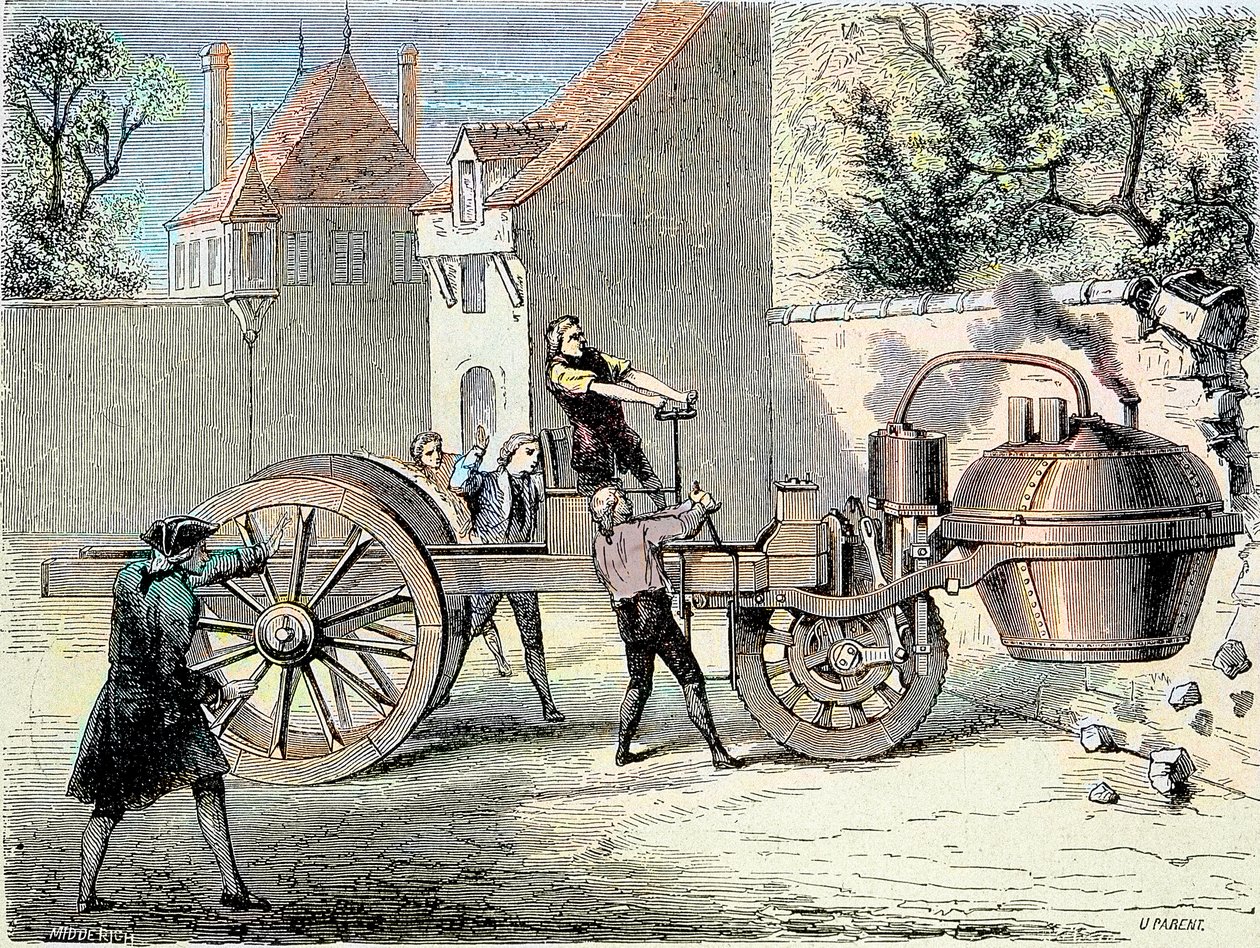 Stoomauto uitgevonden door Nicolas Joseph Cugnot (1725-1804) die in 1770 de controle verliest en een deel van een muur omver rijdt (eerste gerapporteerde 