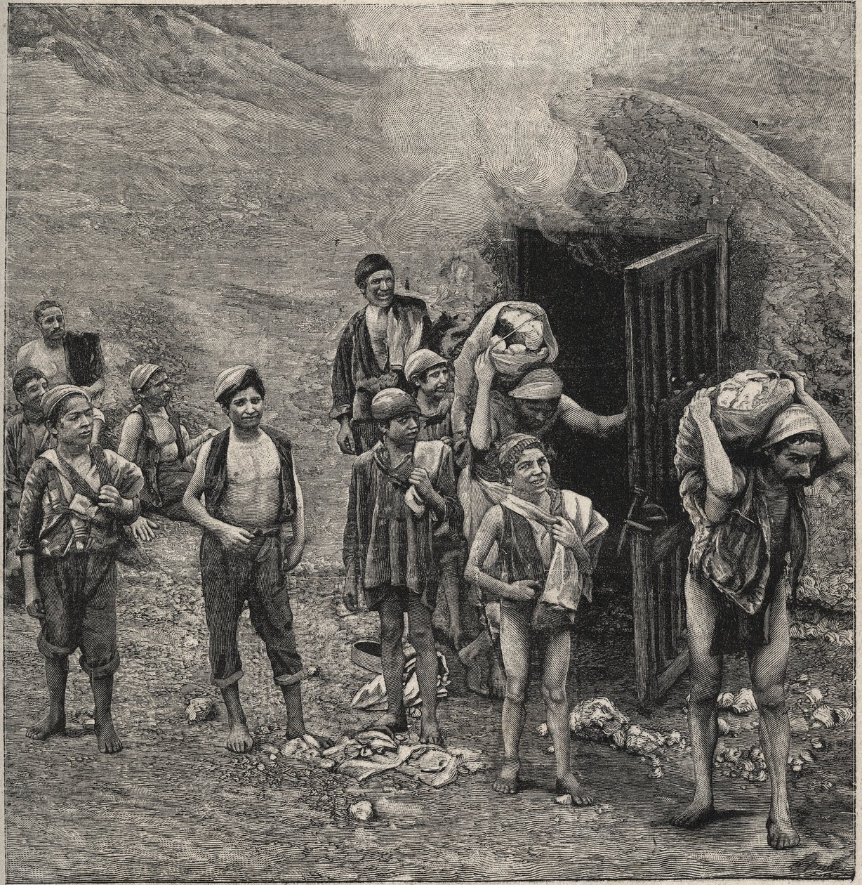 Zwavelwinning (Zolfara) in Sicilië, tekening door Unknown artist