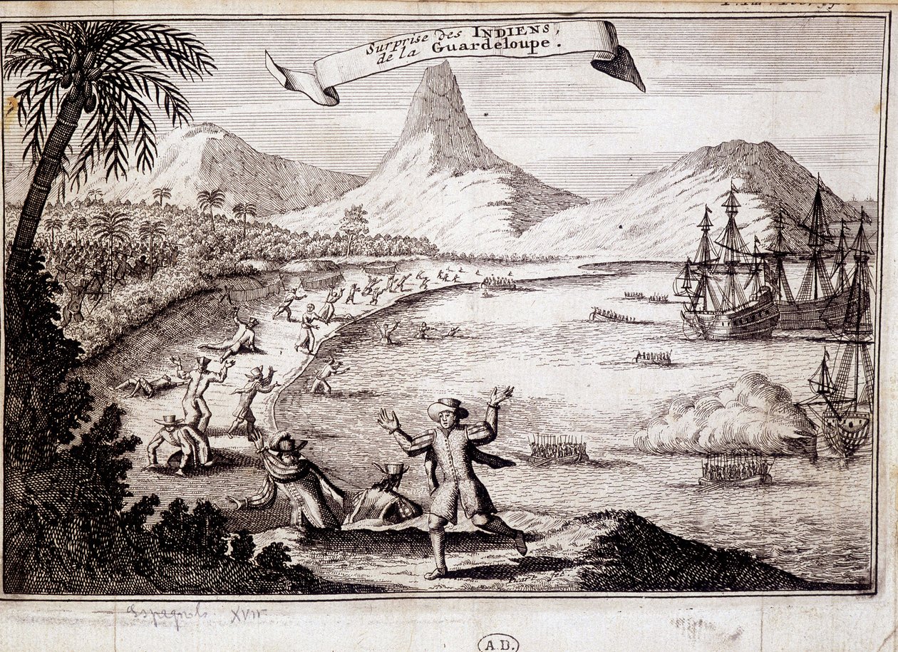 Verrassing van de Indianen bij de landing van Christoffel Columbus in Guadeloupe (karvelen) - gravure door Unknown artist