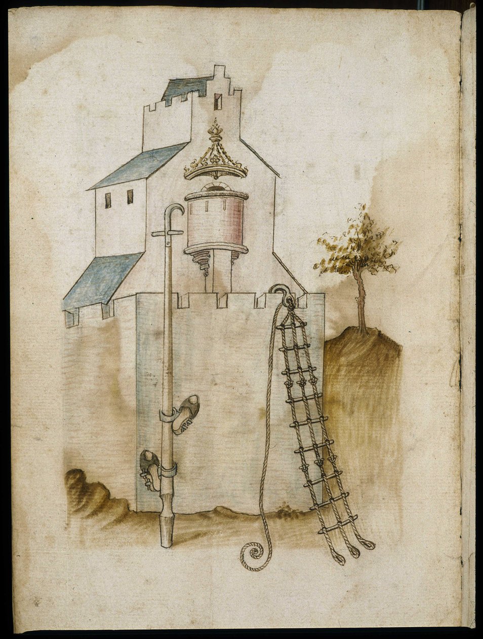 Systemen voor het beklimmen van muren - Manuscript: perkamentblad van een ingenieurshandboek voor de bouw van civiele, religieuze en militaire gebouwen, anoniem, eind 15e eeuw (figuur in Chinese inkt) door Unknown artist