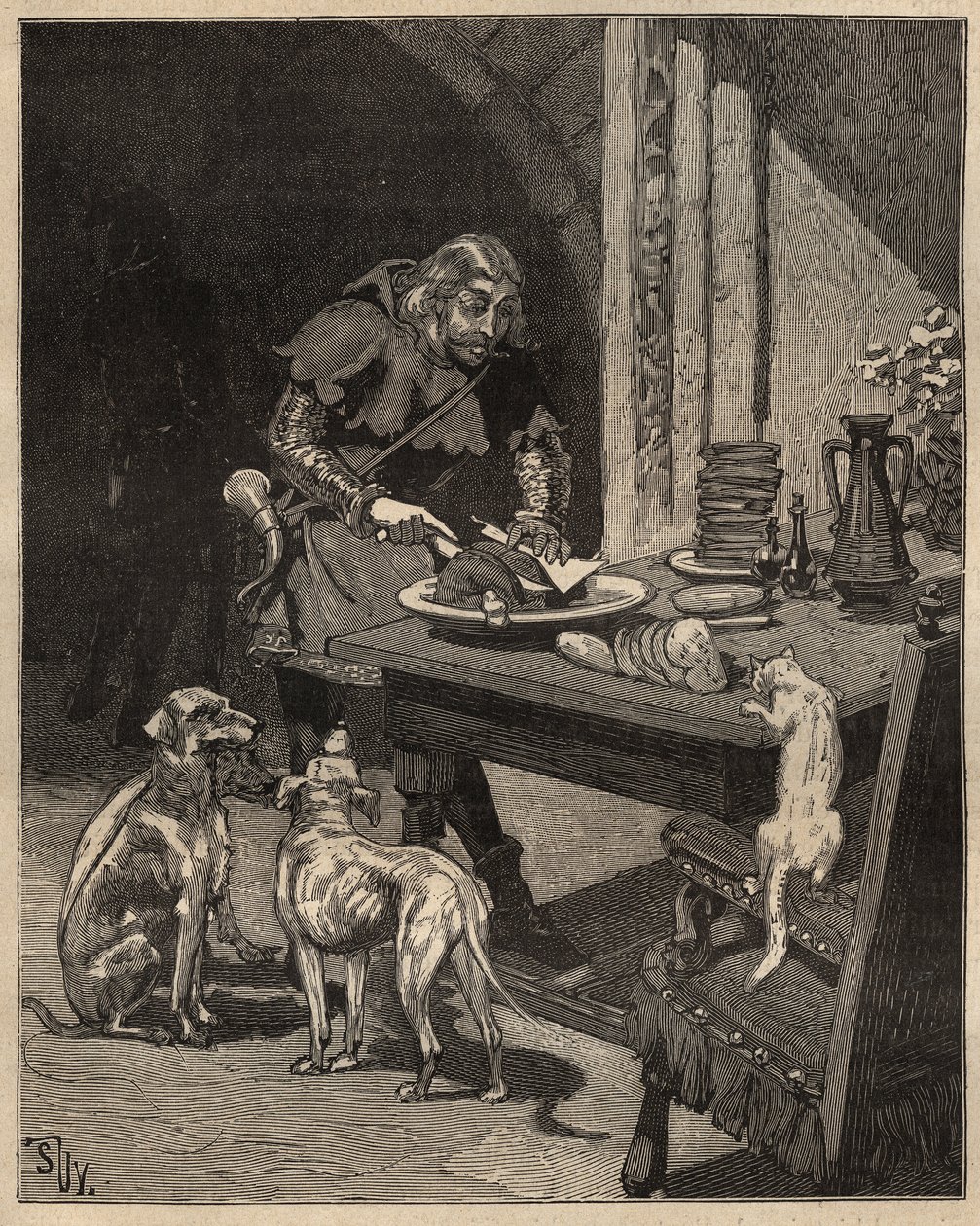 Tafelkunst: snijdt voedsel voordat de vork arriveert. Een man houdt het vlees vast met een vel papier in de ene hand en gebruikt zijn mes in de andere. Gravure uit 1885 in “Les arts et métiers illustrés” door Adolphe BITARD door Unknown artist
