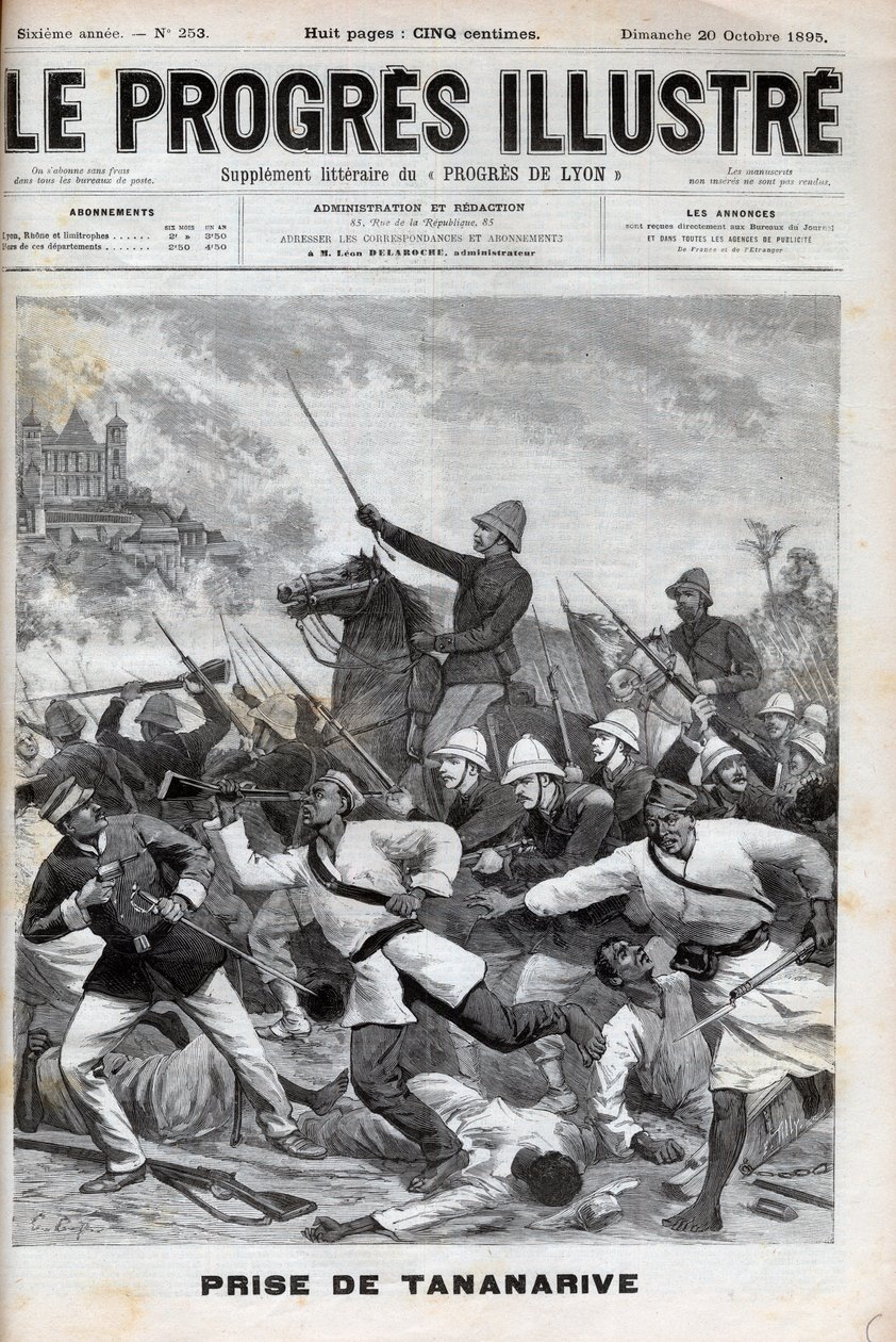 Inname van Antananarivo - Franse militairen vielen Antananarivo binnen in 1895 - Verovering van Madagaskar - inname van Tananarive door het Franse expeditieleger op 30 september 1895 - gravure in 