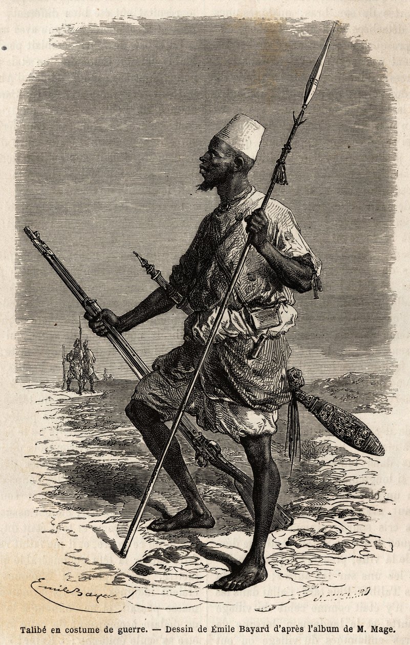 Talibe (een jonge student die de Koran bestudeert) uit het leger van koning Ahmadu (Toucouleur), in een oorlogskostuum. Gravure ter illustratie van de reis naar West-Soedan van luitenant (marine) M. Mage, in 1863-1866, gepubliceerd in 