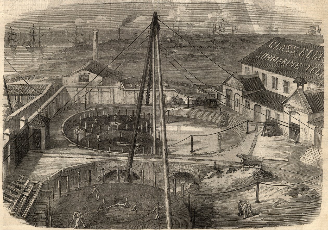 Telegrafie: De trans-Atlantische kabel geproduceerd bij de Glass-fabriek, Elliot en Company in East Greenwich (Engeland) is klaar om te worden geleverd. Gravure in 
