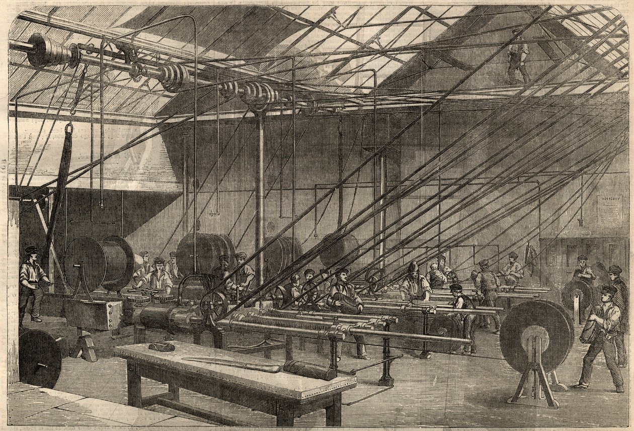Telegrafie: fabricage van trans-Atlantische kabel. Machines die de gutta percha kabel coaten in de fabriek van Glass, Elliot and Company aan Wharf Road in Londen, Engeland. Gravure in 