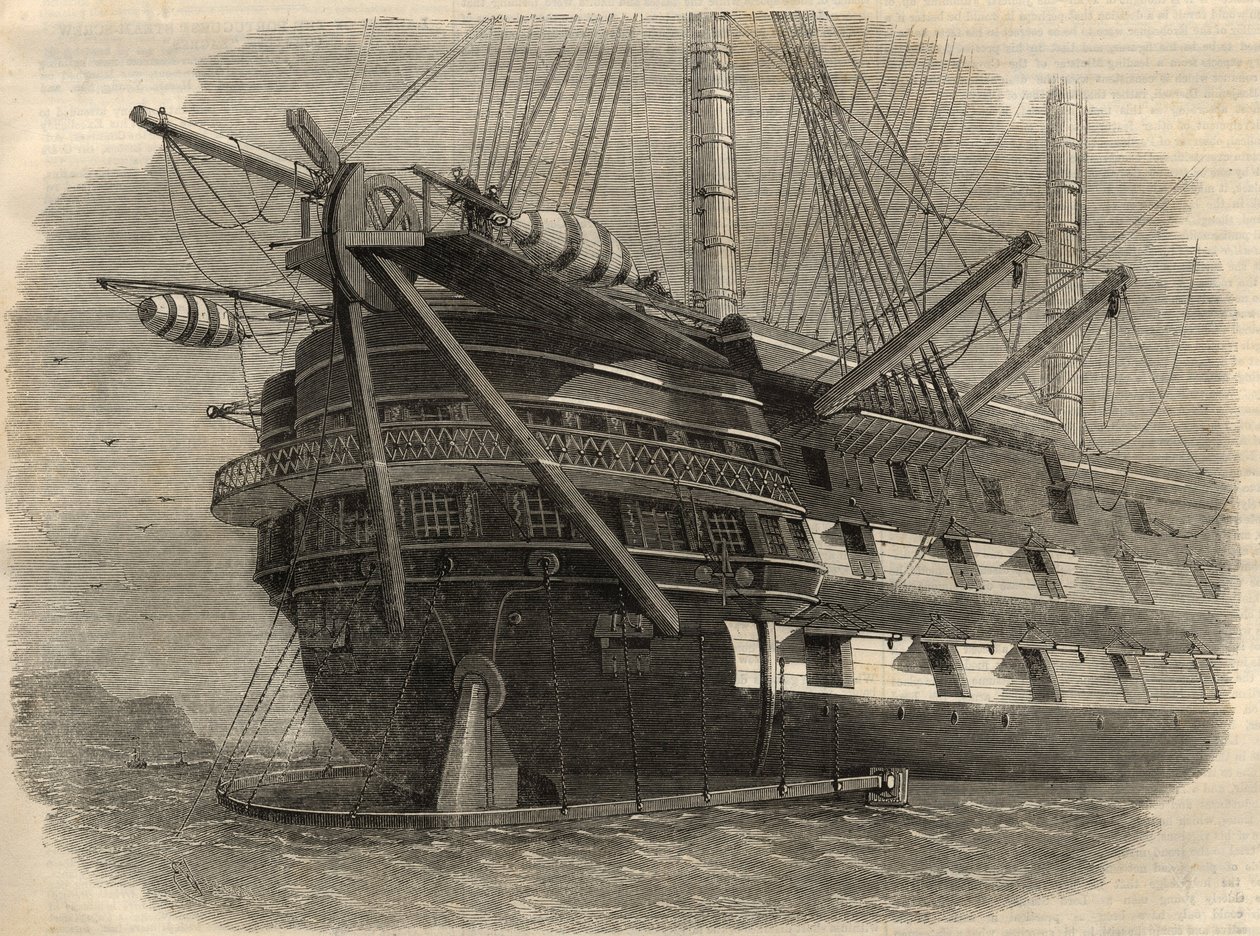 Telegrafie: zicht op de achtersteven van het schip H.M.S. 