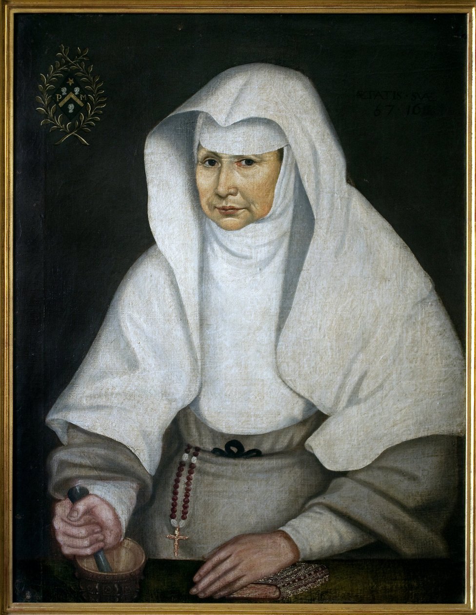 De apothekeres zuster Pierrette Monnet (1557-1628), van het Hotel Dieu de Beaune. Afgebeeld met een vijzel en stamper in haar hand. Anoniem schilderij, olieverf op doek. door Unknown artist